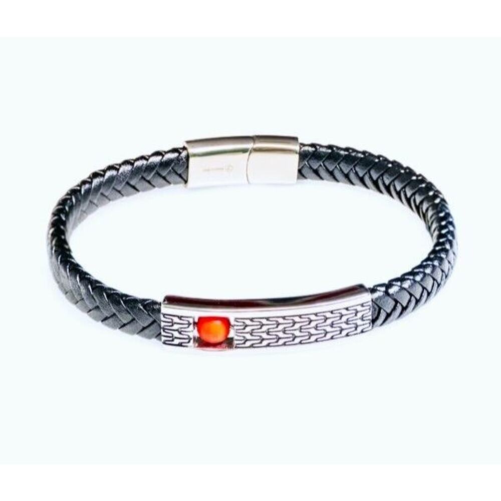 Jean Claude Mens Bracelet DELL ARTE 8 inch Stainless Steel‎ Leather Red Bead NWT